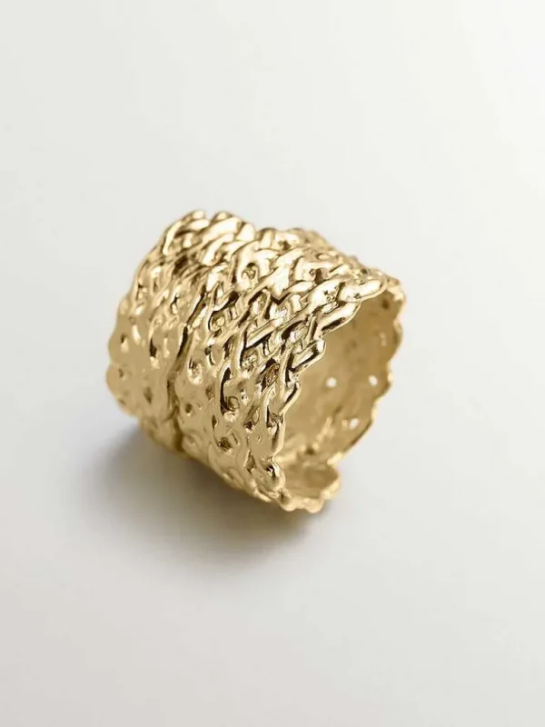 Anillos De Plata-Aristocrazy Anillo Ancho De Plata 925 Banada En Oro Amarillo De 18K Con Textura De Mimbre