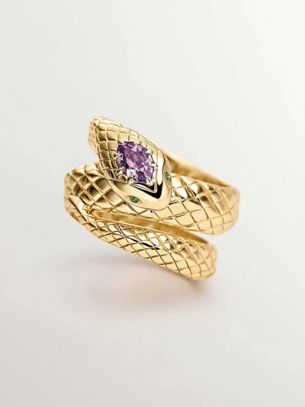 Anillos De Plata-Aristocrazy Anillo Ancho De Plata 925 Banada En Oro Amarillo De 18K Con Forma De Serpiente Y Amatista Morada Y Tsavoritas Verdes