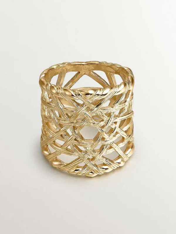 Anillos De Plata-Aristocrazy Anillo Ancho De Plata 925 Banada En Oro Amarillo De 18K Con Textura Mimbre