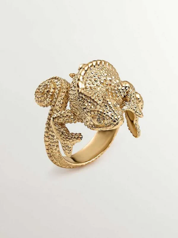 Anillos De Plata-Aristocrazy Anillo Ancho De Plata 925 Banada En Oro Amarillo De 18K Con Forma De Camaleon