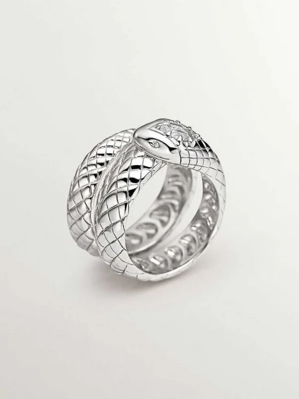 Anillos De Plata-Aristocrazy Anillo Ancho De Plata 925 Con Forma De Serpiente Y Topacio Y Zafiros Blancos