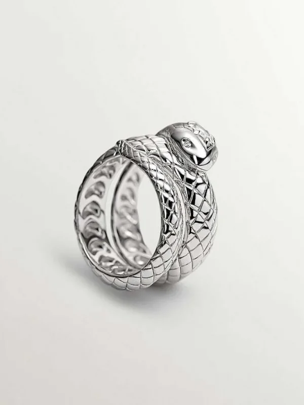 Anillos De Plata-Aristocrazy Anillo Ancho De Plata 925 Con Forma De Serpiente Y Topacio Y Zafiros Blancos