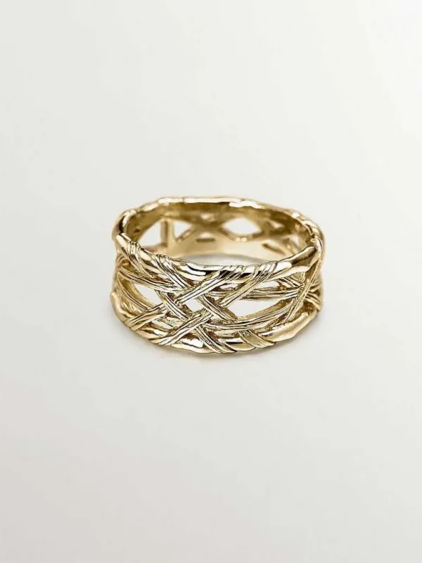 Anillos De Plata-Aristocrazy Anillo De Plata 925 Banada En Oro Amarillo De 18K Con Textura Mimbre