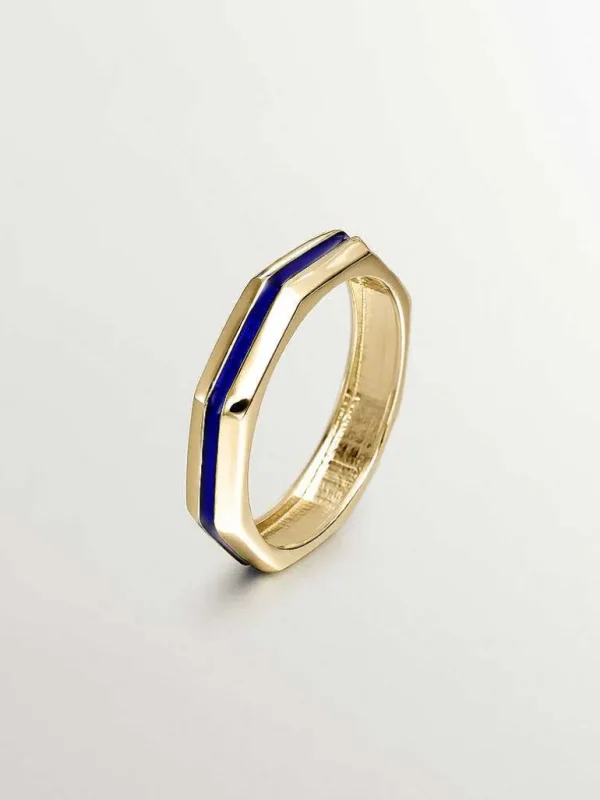 Anillos De Plata-Aristocrazy Anillo De Plata 925 Banada En Oro Amarillo De 18K Con Acabado Geometrico Y Esmalte Azul