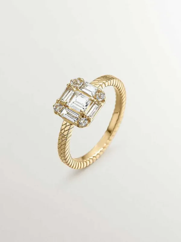 Anillos De Plata-Aristocrazy Anillo De Plata 925 Banada En Oro Amarillo De 18K Con Acabado Gallonado Y Topacios Blancos