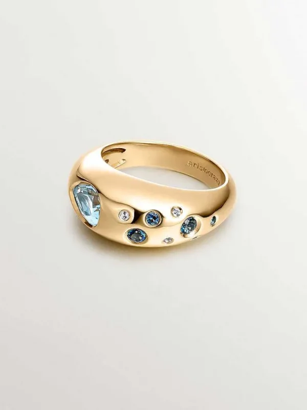 Anillos De Plata-Aristocrazy Anillo De Plata 925 Banada En Oro Amarillo De 18K Con Topacios Azul Sky Y Azul London