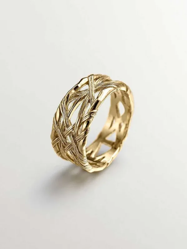 Anillos De Plata-Aristocrazy Anillo De Plata 925 Banada En Oro Amarillo De 18K Con Textura Mimbre