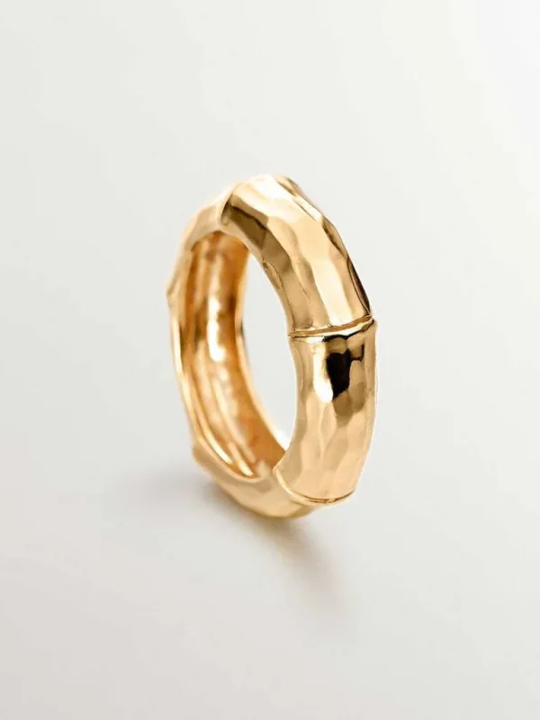 Anillos De Plata-Aristocrazy Anillo De Plata 925 Banada En Oro Amarillo De 18K Con Textura De Bambu