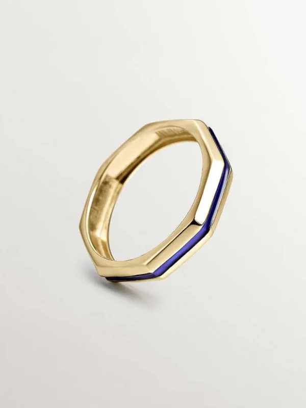 Anillos De Plata-Aristocrazy Anillo De Plata 925 Banada En Oro Amarillo De 18K Con Acabado Geometrico Y Esmalte Azul