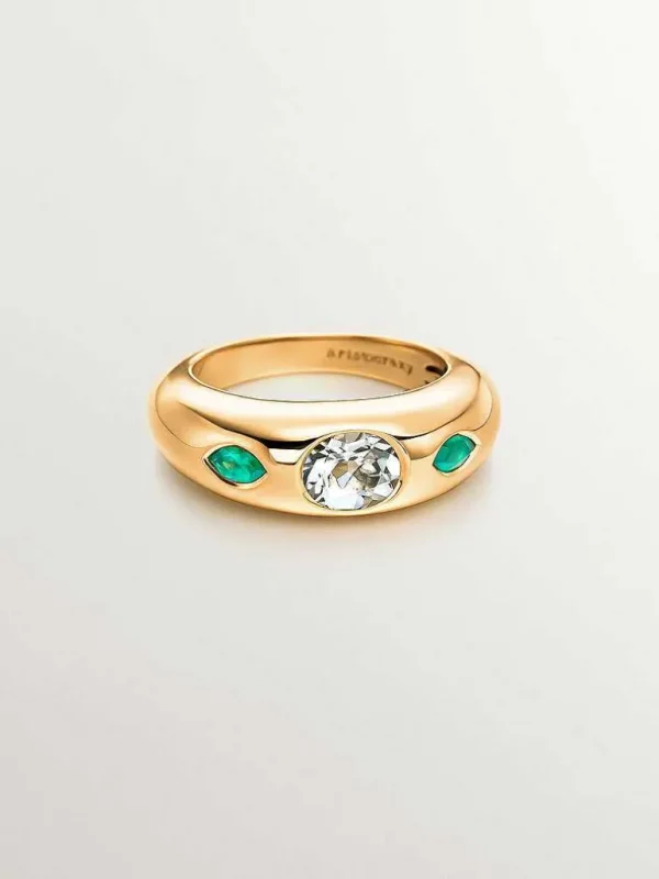 Anillos De Plata-Aristocrazy Anillo De Plata 925 Banada En Oro Amarillo De 18K Con Cuarzo Verde Central Y Onix Verdes