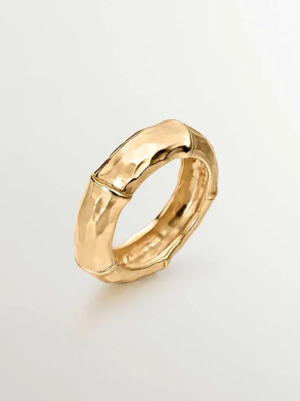 Anillos De Plata-Aristocrazy Anillo De Plata 925 Banada En Oro Amarillo De 18K Con Textura De Bambu