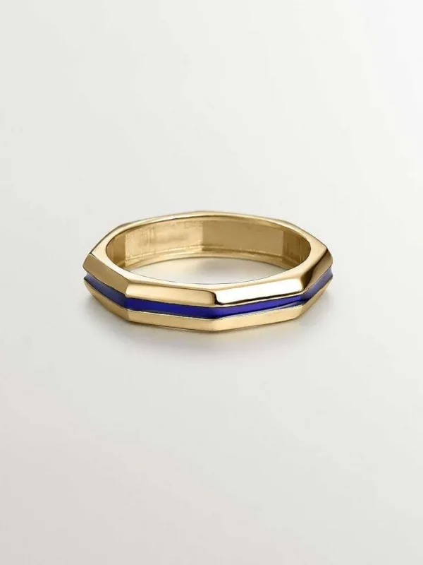 Anillos De Plata-Aristocrazy Anillo De Plata 925 Banada En Oro Amarillo De 18K Con Acabado Geometrico Y Esmalte Azul