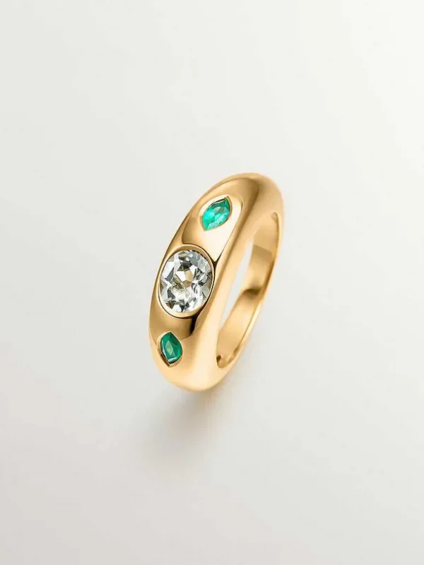 Anillos De Plata-Aristocrazy Anillo De Plata 925 Banada En Oro Amarillo De 18K Con Cuarzo Verde Central Y Onix Verdes