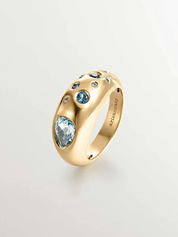 Anillos De Plata-Aristocrazy Anillo De Plata 925 Banada En Oro Amarillo De 18K Con Topacios Azul Sky Y Azul London