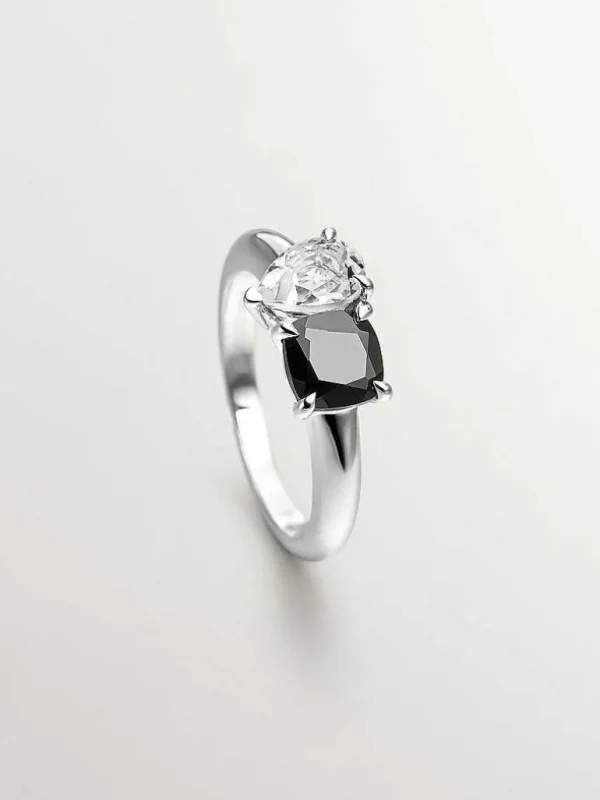 Anillos De Plata-Aristocrazy Anillo De Plata 925 Con Espinela Negra Y Cuarzo Blanco