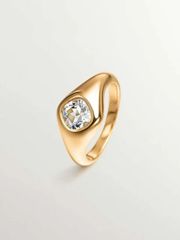 Anillos De Plata-Aristocrazy Anillo De Sello De Plata 925 Banada En Oro Amarillo De 18K Con Cuarzo Blanco