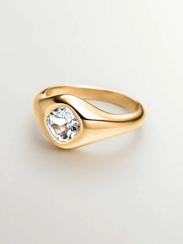 Anillos De Plata-Aristocrazy Anillo De Sello De Plata 925 Banada En Oro Amarillo De 18K Con Cuarzo Blanco