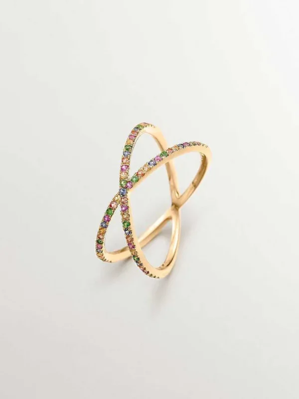 Anillos De Oro-Aristocrazy Anillo Doble Cruzado De Oro Amarillo De 9K Con Tsavoritas Y Zafiros Multicolor