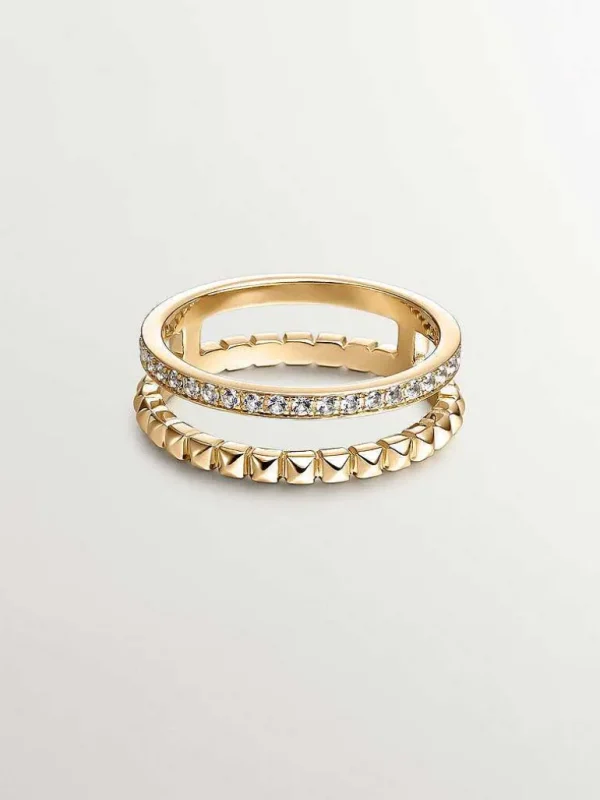 Anillos De Plata-Aristocrazy Anillo Doble De Plata 925 Banada En Oro Amarillo De 18K Con Relieve Y Topacios Blancos