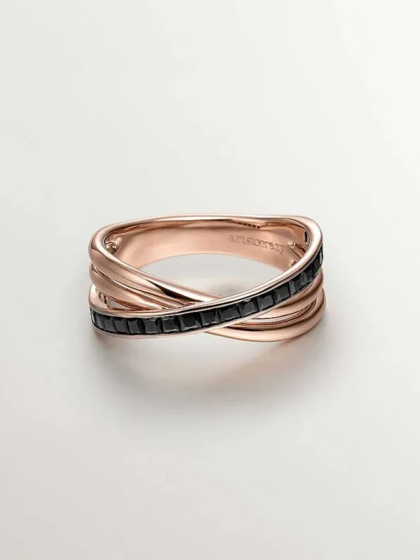 Anillos De Plata-Aristocrazy Anillo Doble De Plata 925 Banada En Oro Rosa De 18K Con Espinelas Negras