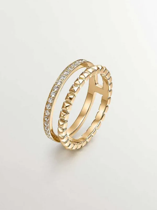 Anillos De Plata-Aristocrazy Anillo Doble De Plata 925 Banada En Oro Amarillo De 18K Con Relieve Y Topacios Blancos