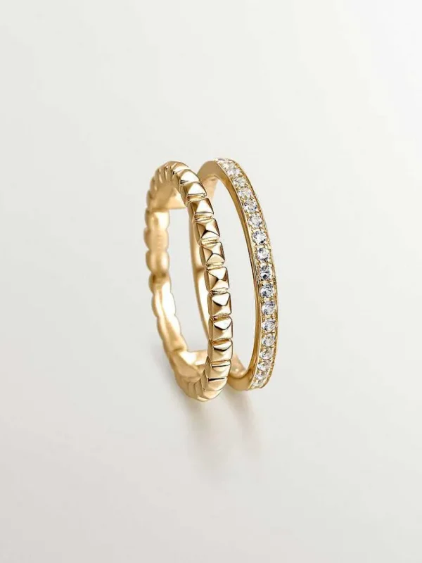 Anillos De Plata-Aristocrazy Anillo Doble De Plata 925 Banada En Oro Amarillo De 18K Con Relieve Y Topacios Blancos