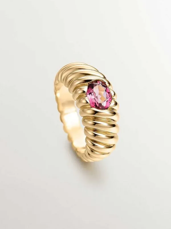 Anillos De Plata-Aristocrazy Anillo Gallonado De Plata 925 Banada En Oro Amarillo De 18K Con Rodolita Rosa