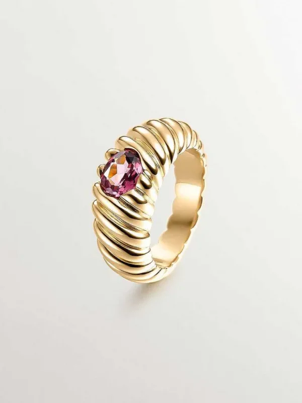 Anillos De Plata-Aristocrazy Anillo Gallonado De Plata 925 Banada En Oro Amarillo De 18K Con Rodolita Rosa