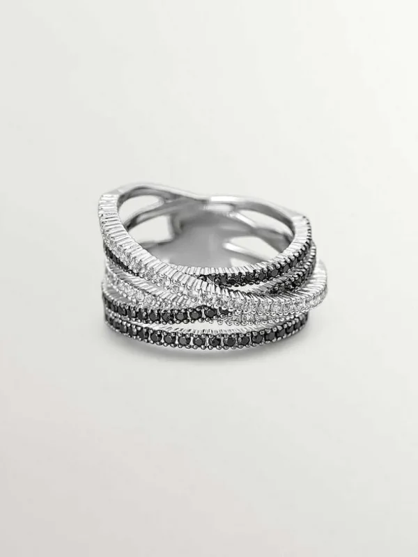 Anillos De Plata-Aristocrazy Anillo Multibrazo Cruzado De Plata 925 Con Topacios Blancos Y Espinelas Negras