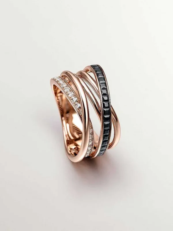 Anillos De Plata-Aristocrazy Anillo Multibrazo De Plata 925 Banada En Oro Rosa De 18K Con Topacios Blancos Y Espinelas Negras