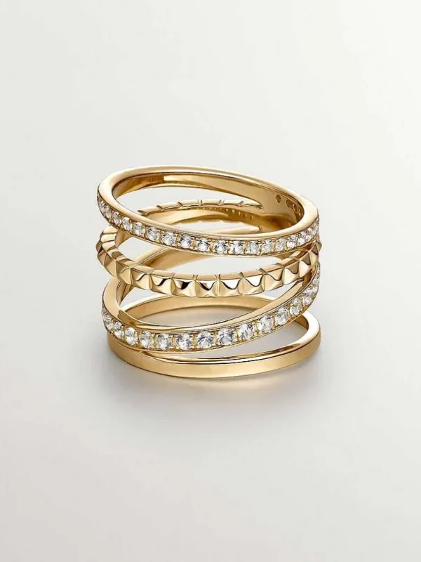 Anillos De Plata-Aristocrazy Anillo Multibrazo De Plata 925 Banada En Oro Amarillo De 18K Con Relieve Y Topacios Blancos