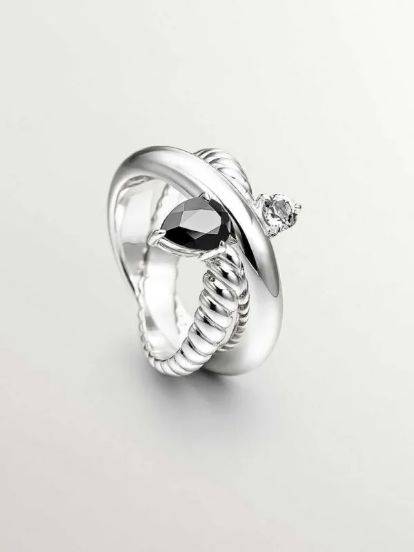 Anillos De Plata-Aristocrazy Anillo Multibrazo De Plata 925 Con Espinela Negra Y Topacio Blanco