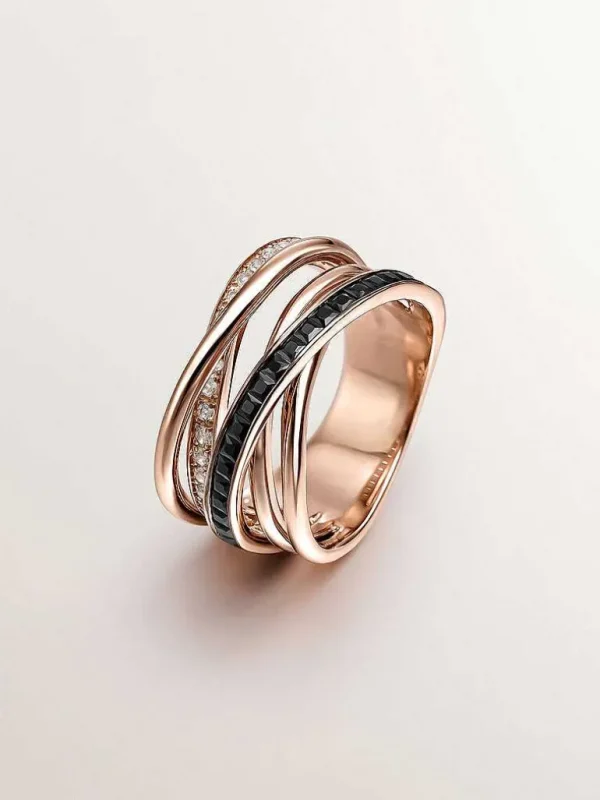 Anillos De Plata-Aristocrazy Anillo Multibrazo De Plata 925 Banada En Oro Rosa De 18K Con Topacios Blancos Y Espinelas Negras