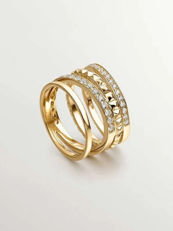 Anillos De Plata-Aristocrazy Anillo Multibrazo De Plata 925 Banada En Oro Amarillo De 18K Con Relieve Y Topacios Blancos