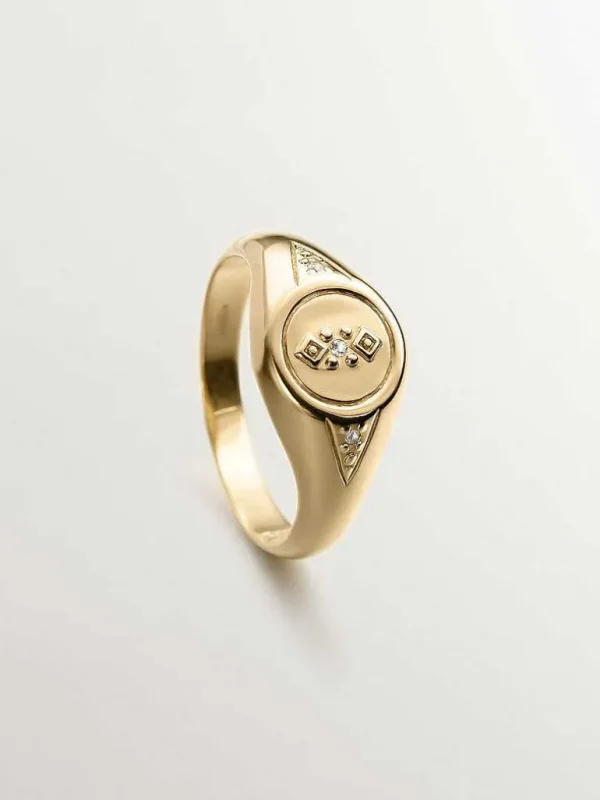 Anillos Sello-Aristocrazy Anillo Tipo Sello De Plata 925 Banada En Oro Amarillo De 18K Con Topacio Blanco