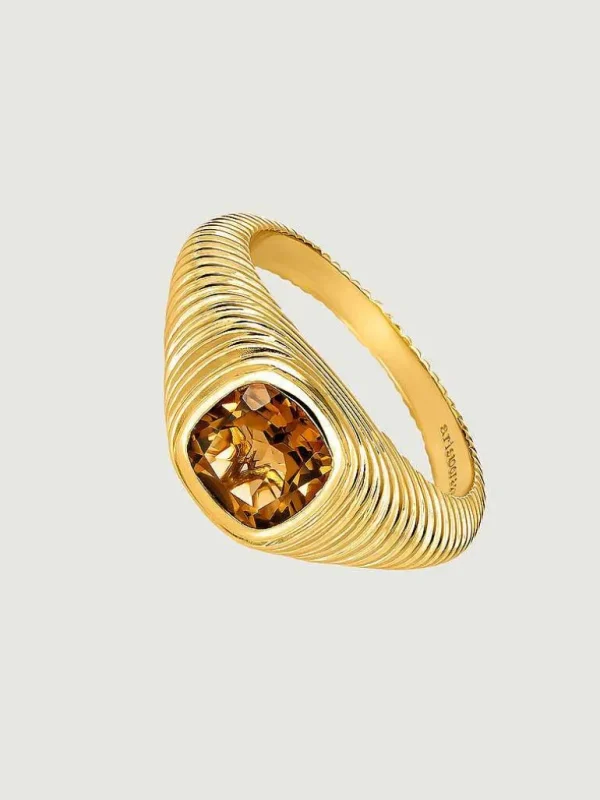 Anillos Sello-Aristocrazy Anillo Tipo Sello De Plata 925 Banada En Oro Amarillo De 18K Con Cuarzo Marron Y Textura Gallonada