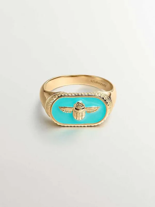 Anillos Sello-Aristocrazy Anillo Tipo Sello De Plata 925 Banada En Oro Amarillo De 18K Con Escarabajo Y Esmalte Turquesa