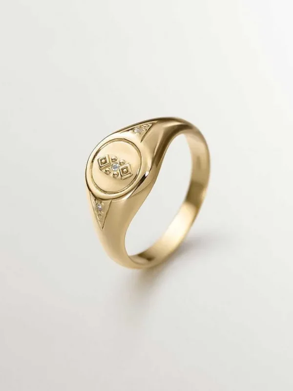 Anillos Sello-Aristocrazy Anillo Tipo Sello De Plata 925 Banada En Oro Amarillo De 18K Con Topacio Blanco