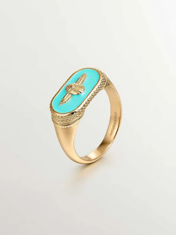 Anillos Sello-Aristocrazy Anillo Tipo Sello De Plata 925 Banada En Oro Amarillo De 18K Con Escarabajo Y Esmalte Turquesa