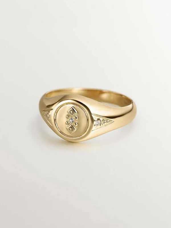 Anillos Sello-Aristocrazy Anillo Tipo Sello De Plata 925 Banada En Oro Amarillo De 18K Con Topacio Blanco