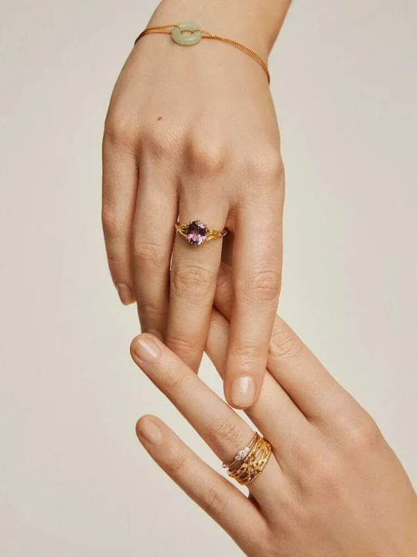 Anillos De Plata-Aristocrazy Anillo Tresillo De Plata 925 Banada En Oro Amarillo De 18K Con Amatista Morada Y Cuarzos Amarillos