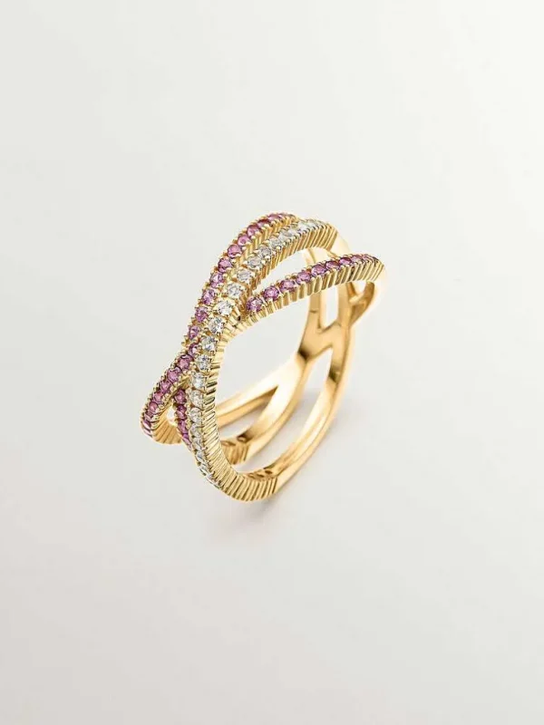 Anillos De Plata-Aristocrazy Anillo Triple Cruzado De Plata 925 Banada En Oro Amarillo De 18K Con Topacios Blancos Y Rodolitas Moradas