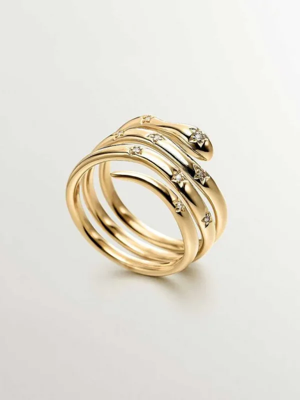 Anillos De Plata-Aristocrazy Anillo Triple De Plata 925 Banada En Oro Amarillo De 18K Con Forma De Serpiente Y Topacios Blancos