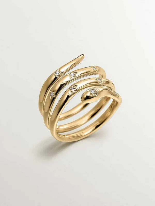 Anillos De Plata-Aristocrazy Anillo Triple De Plata 925 Banada En Oro Amarillo De 18K Con Forma De Serpiente Y Topacios Blancos