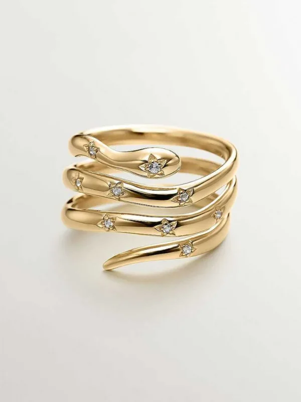 Anillos De Plata-Aristocrazy Anillo Triple De Plata 925 Banada En Oro Amarillo De 18K Con Forma De Serpiente Y Topacios Blancos