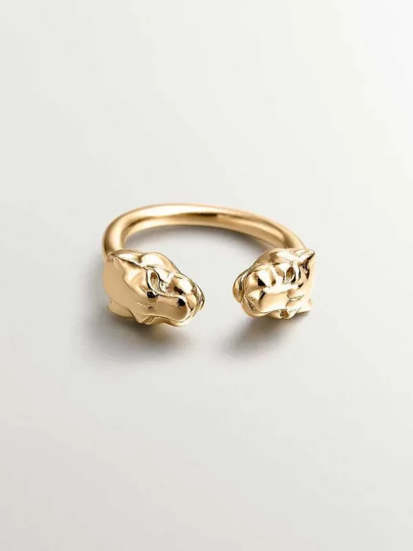 Anillos De Plata-Aristocrazy Anillo Tu Y Yo De Plata 925 Banada En Oro Amarillo De 18K Con Cabezas De Pantera