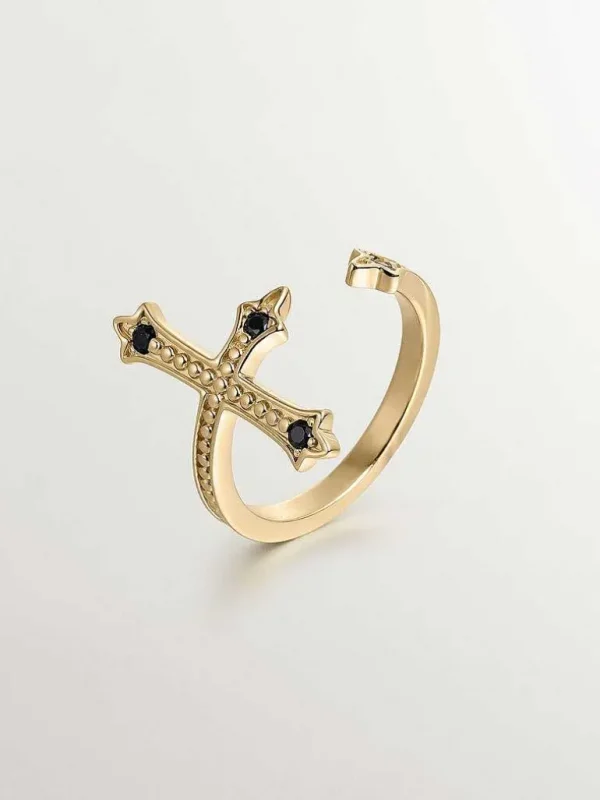 Anillos De Plata-Aristocrazy Anillo Tu Y Yo De Plata 925 Banada En Oro Amarillo De 18K Con Forma De Cruz Y Espinelas Negras