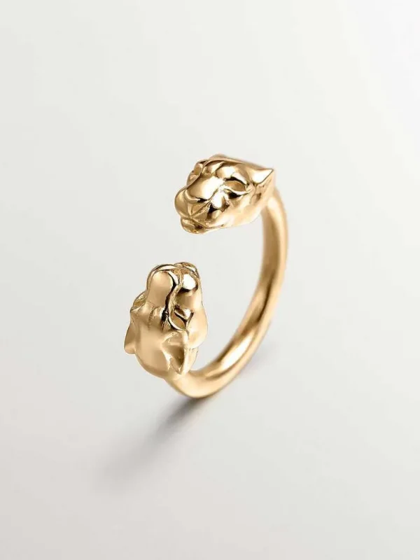 Anillos De Plata-Aristocrazy Anillo Tu Y Yo De Plata 925 Banada En Oro Amarillo De 18K Con Cabezas De Pantera