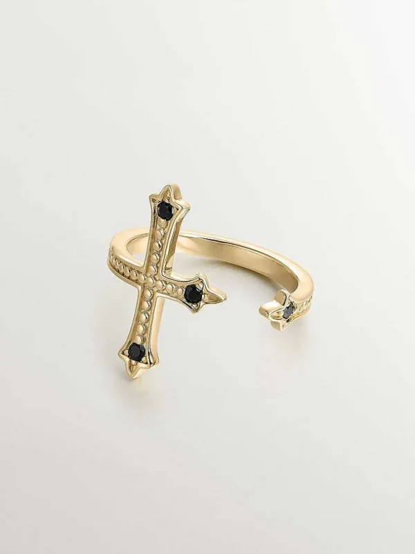 Anillos De Plata-Aristocrazy Anillo Tu Y Yo De Plata 925 Banada En Oro Amarillo De 18K Con Forma De Cruz Y Espinelas Negras