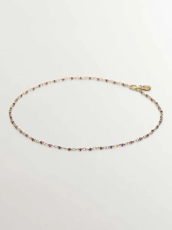 Collares De Plata-Aristocrazy Cadena De Plata 925 Banada En Oro Amarillo De 18K Con Bolitas De Rubies Rosas